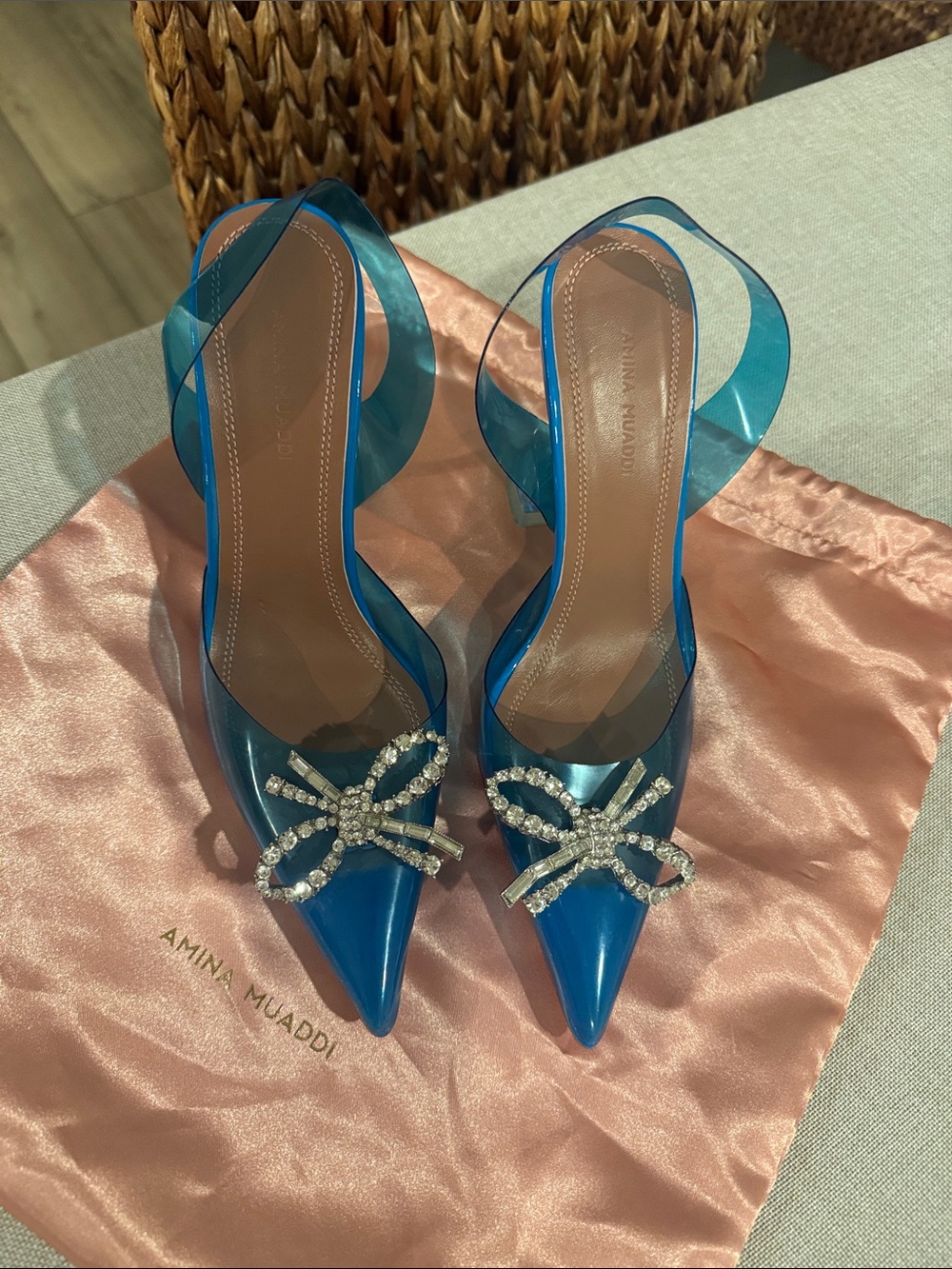 Amina Muaddi Rosie Blue PVC d’Orsay Holly Bow Pumps Size 38